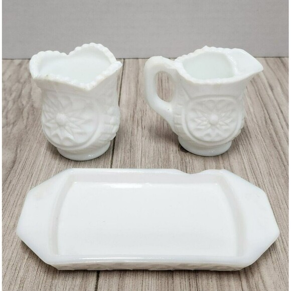 Vintage Heavy Thick Milk Glass Miniature Creamer and Open Sugar Set With Tray - Picture 1 of 9